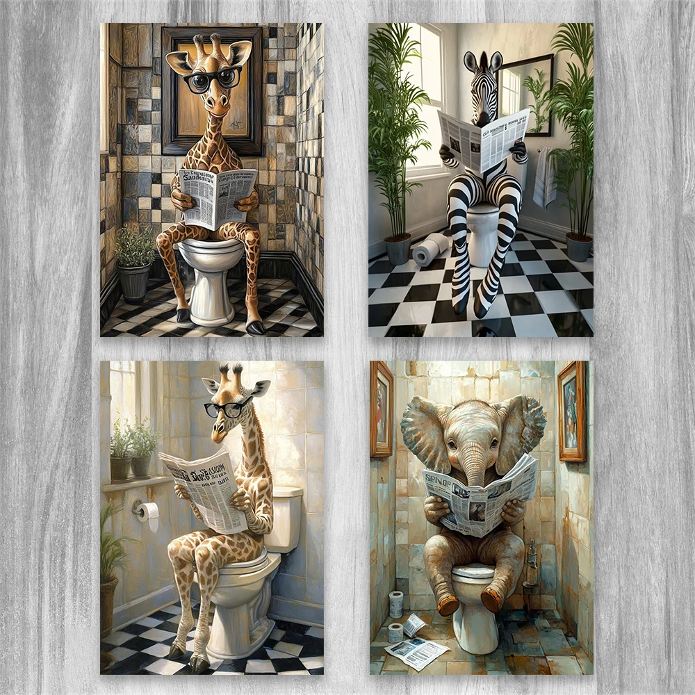Funny Giraffe in Toilet Art Print Poster Bathroom Restroom Decor Zebra on Toilet Bathroom Art Print Funny Animal Canvas Painting