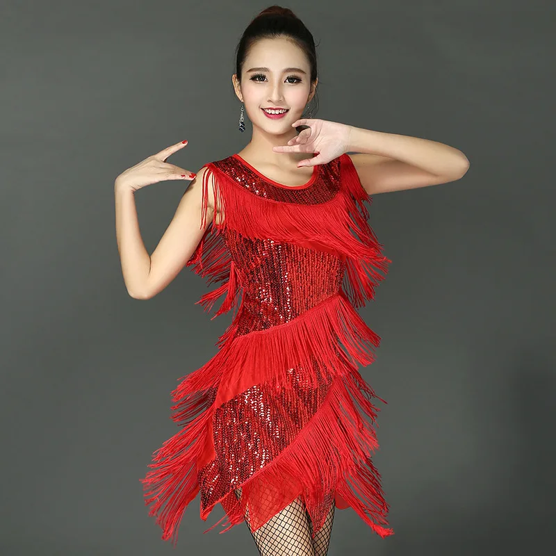 

Sexy Sequin Tassel Latin Dance Dress Women Sleeveless O Neck Salsa Tango Cha Cha Party Stage Performance Clothes Woman Vestido