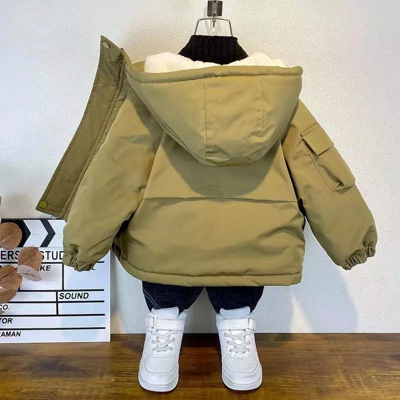 

Kids Boys Plush Warm Jacket Hooded Casual Autumn And Winter Thick Cotton Jacket Children's Baby Clothing Cotton Jacket Boys Top