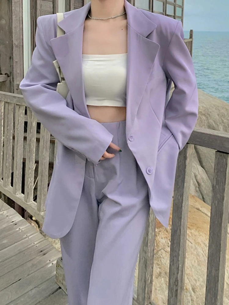 Autumn Women Purple Blazer Pantsuit Korean Fashion Vintage Loose Jacket Pants 2 Piece Set Female Business Casual Trousers Outfit