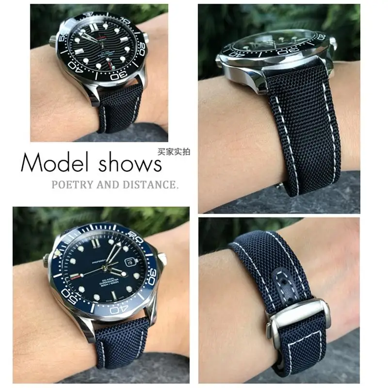 19mm 20mm Woven Nylon Watch Strap Black Blue Deployment Buckle Leather Watch Bands For Omega AT150 AQUA TERRA Seamaster Tissot