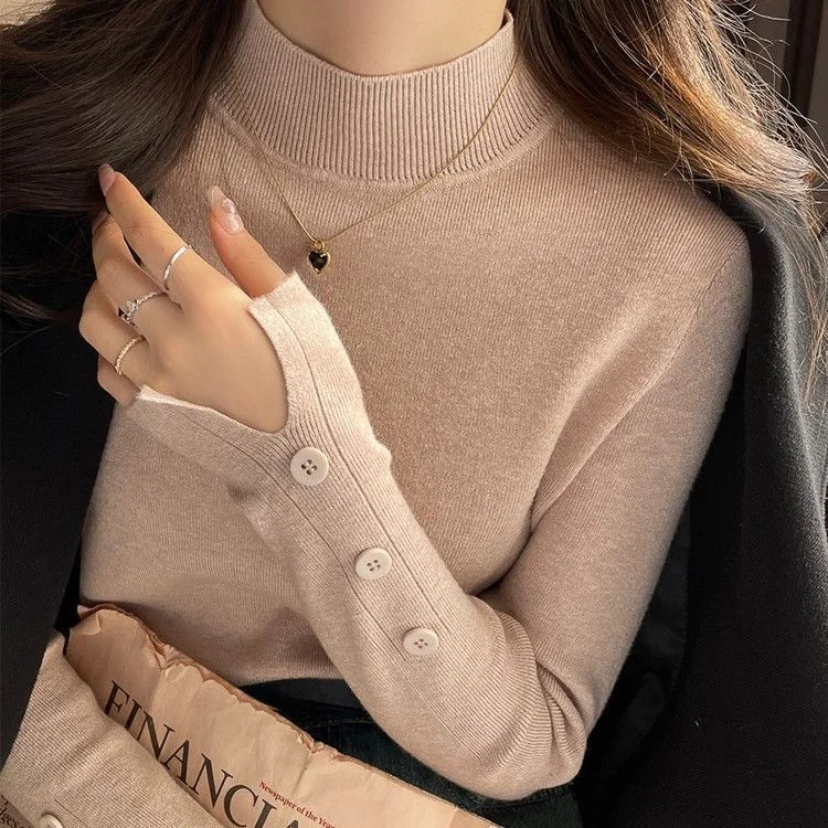 

Elegant Thin Knitted Sweater for Women Fashionable Premium Quality Non-Balloning Long Sleeve High Collar Color Casual Top