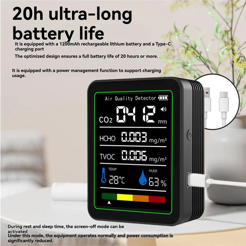 

【Элегантный дизайн】MT05 Монитор качества воздуха в помещении TVOC HCHO Тестер температуры и влажности Измеритель CO2 USB Перезаряжаемый детектор CO2