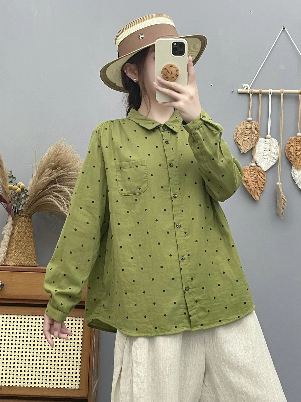 Autumn Women Double-layer Cotton Yarn Shirts Full Sleeve Green Coffee Polka Dot Casual Soft Blouse Office Ladies Tops