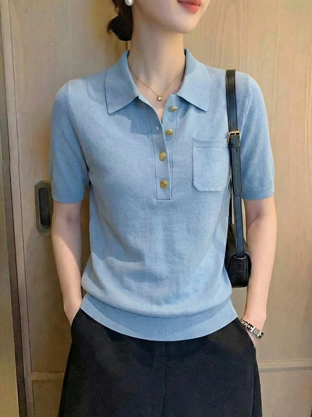 

Blue Neck Short Sleeve Knitted T-Shirt Women's plus Size Loose Summer Top Korean Style Commute Fashion Basic Shirt