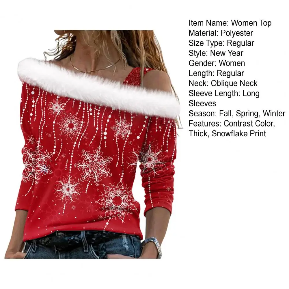 1Pc Women Contrast Color Top Warm Pullover Long Sleeve Women Top Snowflake Print Sequin One Shoulder Christmas Top for Women