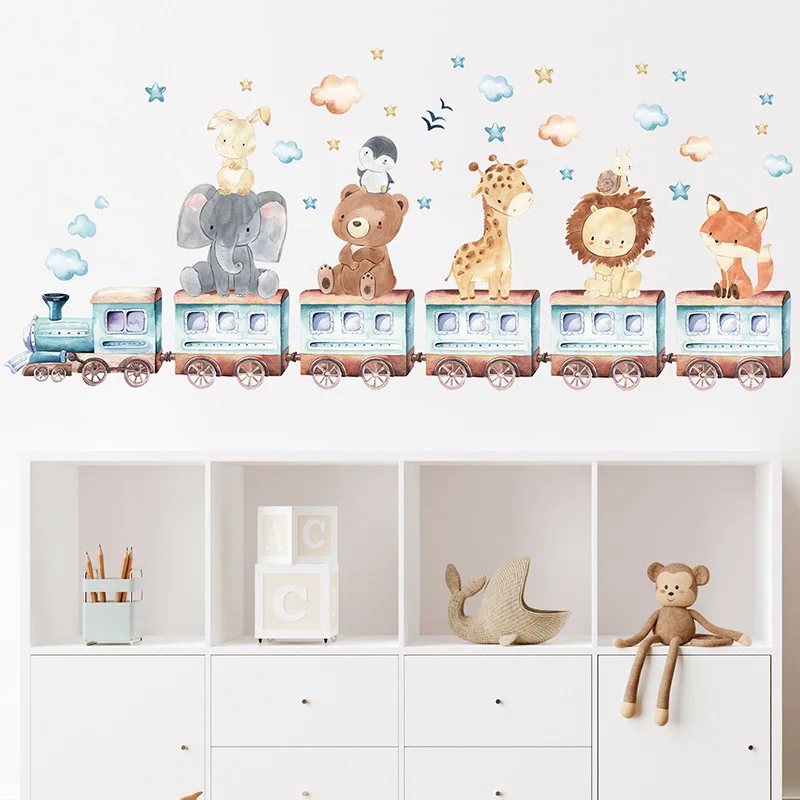 Baby Room Wall Stickers Cartoon Animal Train Elephant Giraffe Wall Decals for Kids Room Nursery Room Bedroom Decals Wallpapper