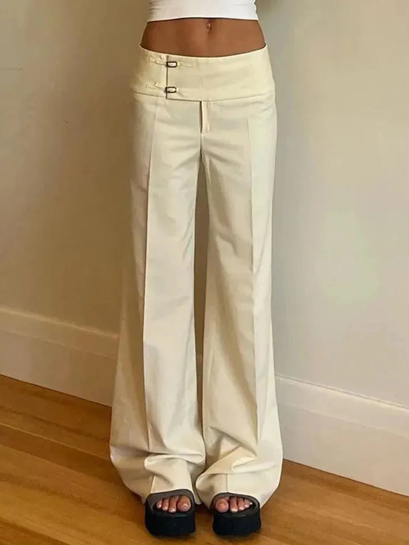 Women Solid Color Commuter Y2K Straight Leg Slightly Flared Pants Low Waist Minimalist Casual Cargo Pants Asymmetrical Waistband