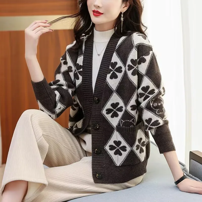 

Женский модный кардиган с v-образным вырезом, вязаная куртка, весенне-осеннее женское вязаное пальто с нитью, женский свободный свитер для отдыха, верхняя одежда