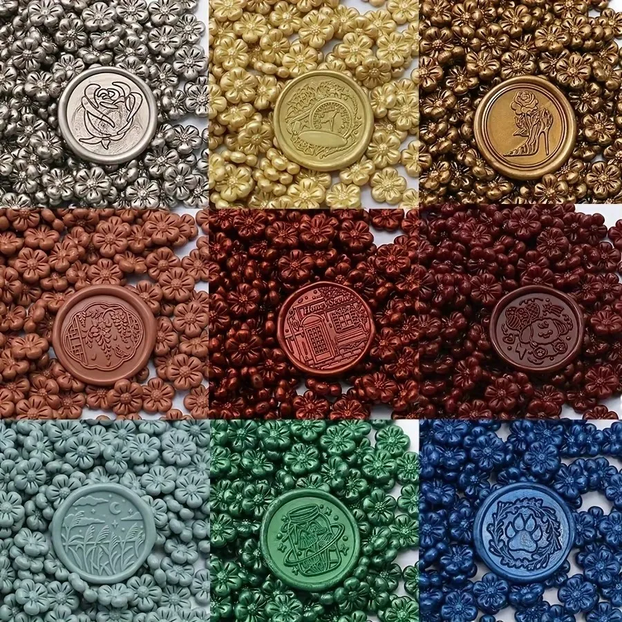 Perlas de cera para sellar con forma de flor, disponibles en varios colores, 150 unidades, cera para estampar, perlas de cera para decoración DIY de sobres, invitaciones de boda, tarjetas de felicitación, postales, embalaje de regalos, manualidades, álbumes de recortes, con textura metálica, para embalaje de regalos de vino y regalos de Navidad.