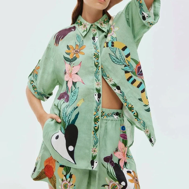 

Spring Pattern Print Two Piece Set Women Casual Button Lapel Shirt & Lace-up Shorts Outfits Summer Short Sleeve Loose Beach Suit