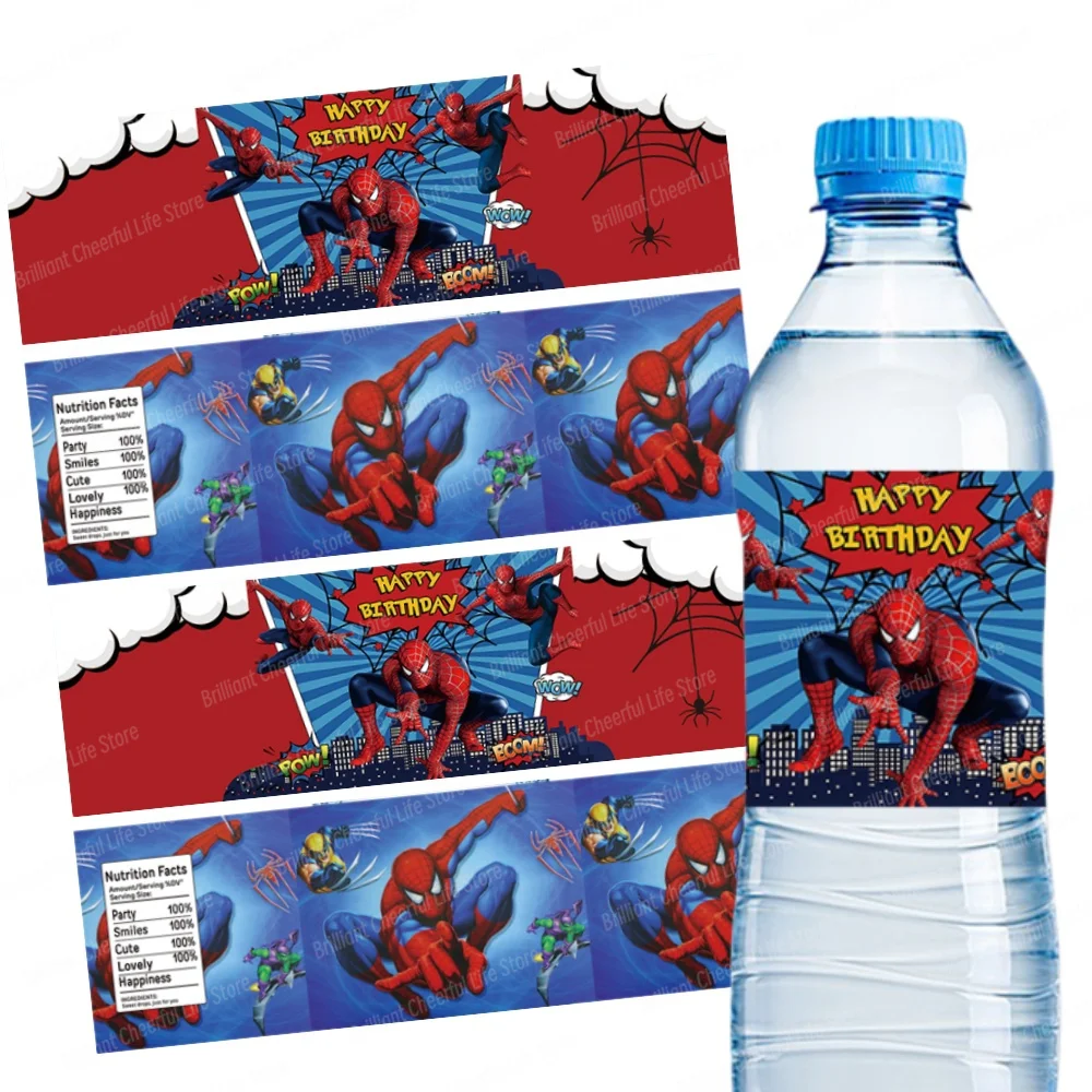 10/20/30 pezzi Spiderman etichetta bottiglia d'acqua decorazione di compleanno forniture per feste adesivi supereroi impermeabili per ragazzi baby shower