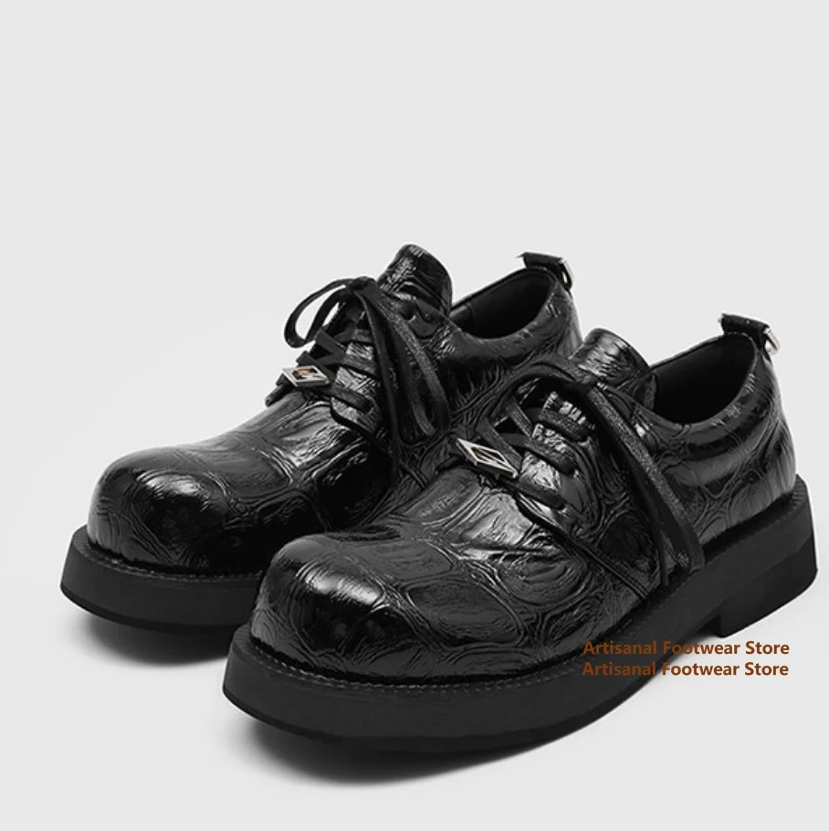 

Round Toe Height Increasing Derby Shoes for Men Black Leather Men's Shoes Trendy British Style Thick-Soled Lace Up Men's Shoes