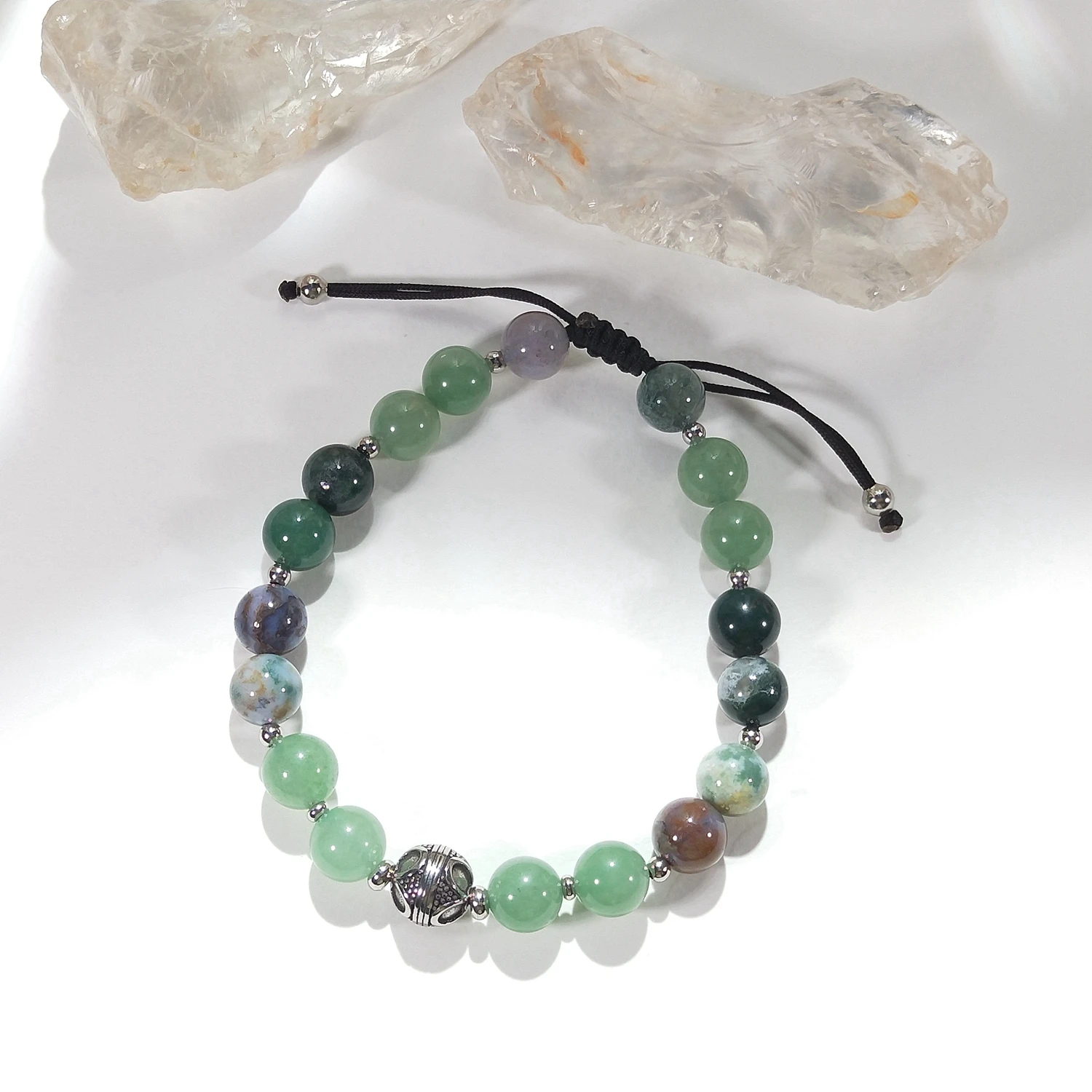 Lii Ji Natural Green Aventurine India Agate Moss Agate 8mm Adjustable Bracelet for Male Jewelry