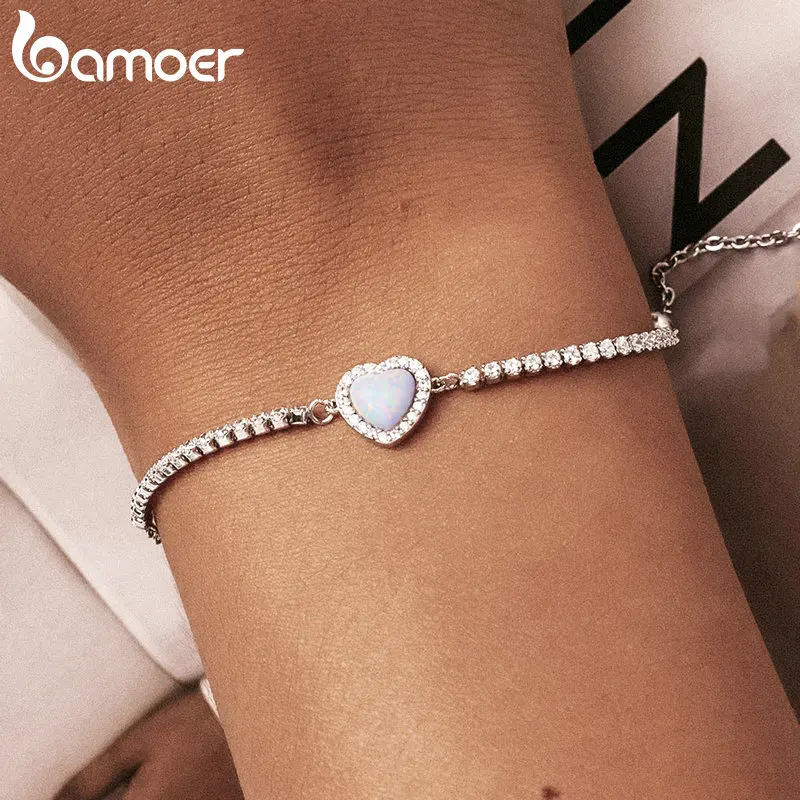 BAMOER Authentic 925 Sterling Silver Opal Heart-Shaped Pendant Bracelet Fit Women Sterling Silver Jewelry Gift