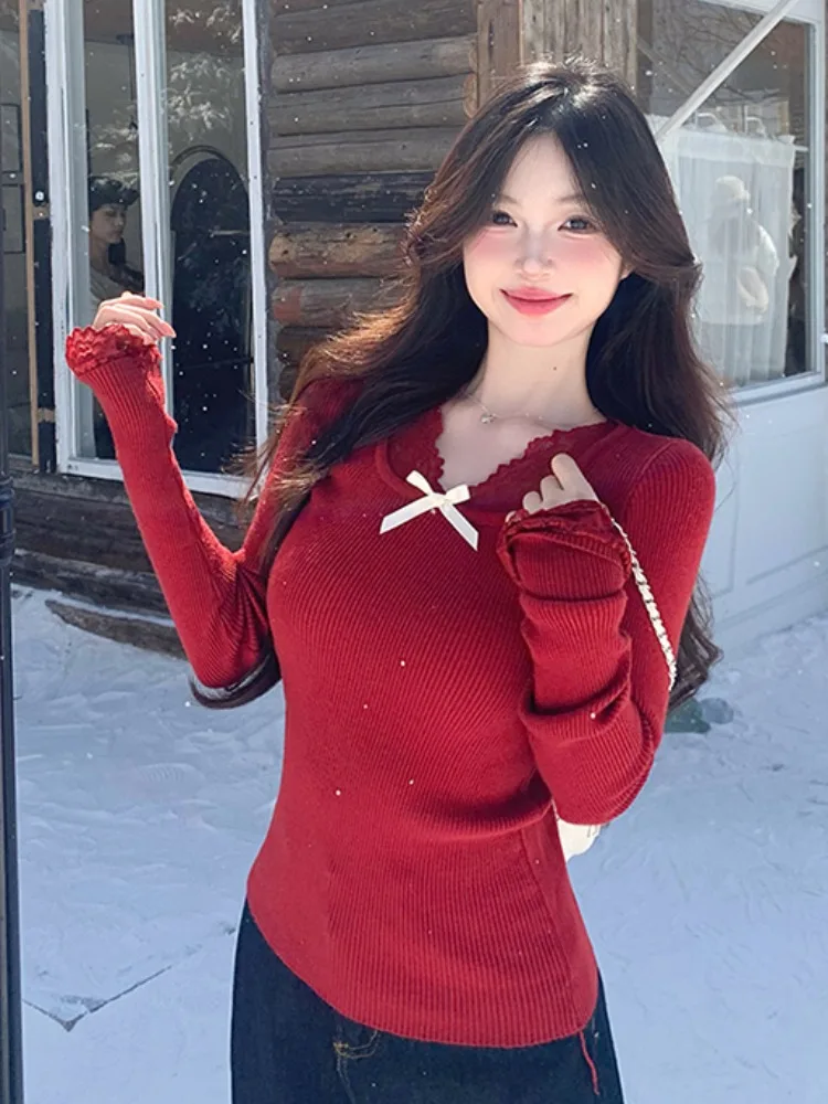 

Sweet Spicy Knot Lace Trim V-Neck Long Sleeve Knitted T-Shirt Women Early Autumn Pure Desire Slim Fit Base Shirt Top