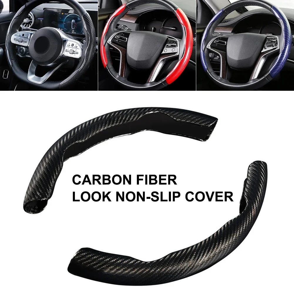 38cm 2 Halves Car Steering Wheel Cover Anti-skid Carbon Black Fiber Silicone Steering Wheel Booster Cover