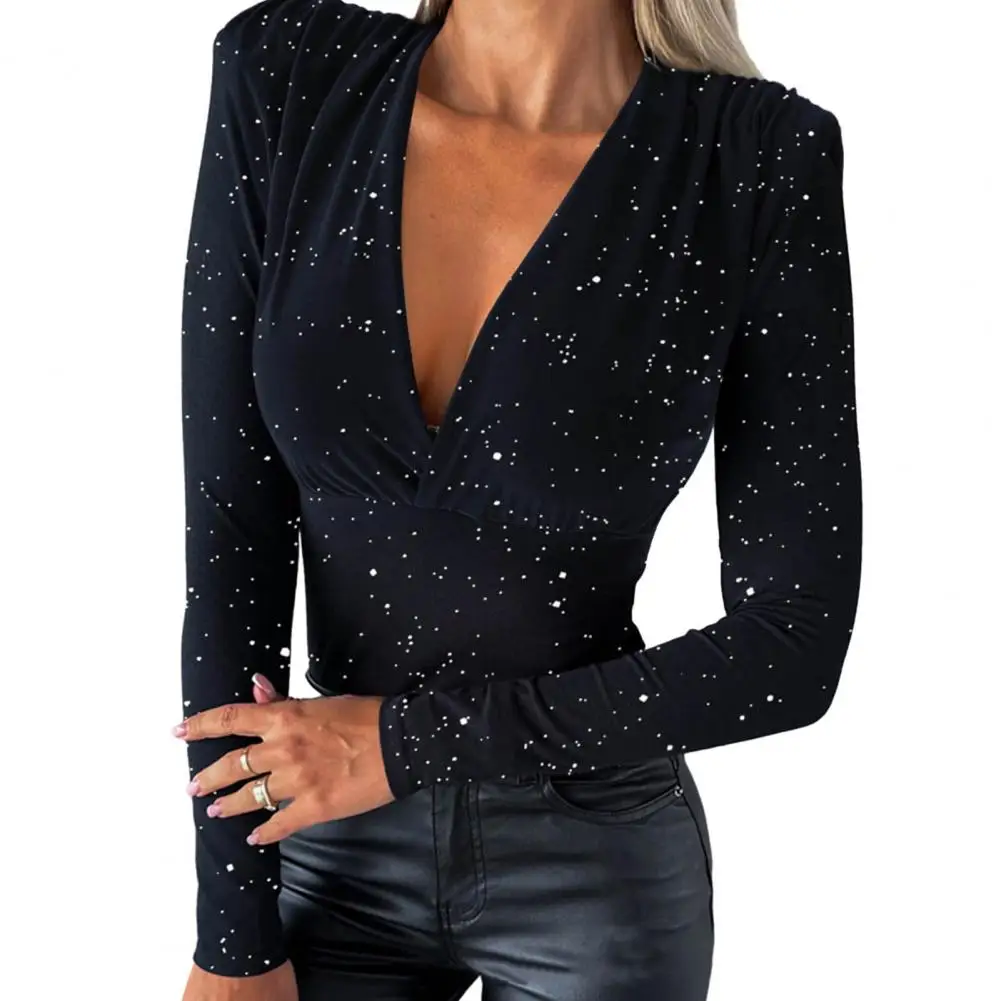 

Женский топ с глубоким V-образным вырезом, облегающая плиссированная рубашка с длинным рукавом, узкой талией, эластичная деловая рубашка