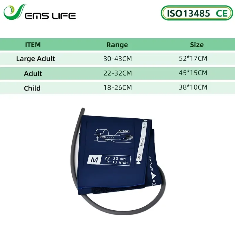 EMSLIFE High Quality Dynamic NIBP Pressure Cuff Nylon Coat TPU Bladder 3 Sizes Single Tube CE Certified Adult/Child Arm