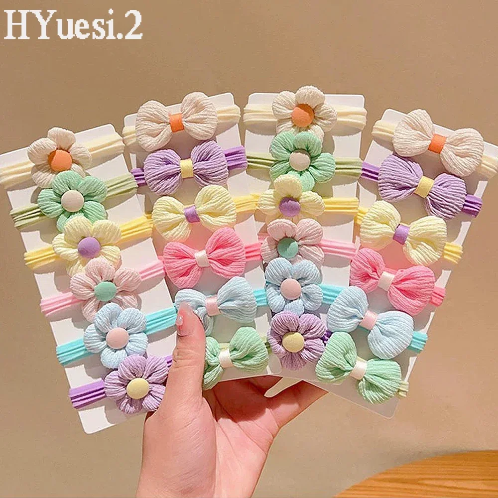 6 pz/set Candy Color Cloth Bowknot Flower Hair Ties Sweet High Elastic Ponytail Holder elastici elastici per bambini ragazza