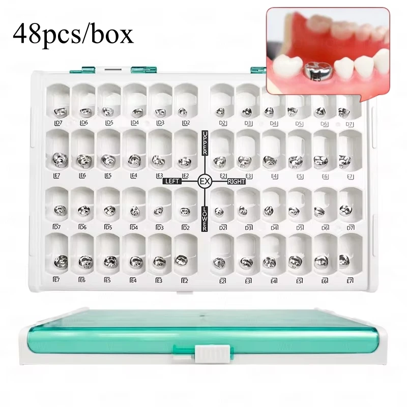 48Pcs Dental Kid Crowns adult Temporary Primary Molar Stainless Steel Temporary Crowns Dentistry Orthodontic Therapy Tools