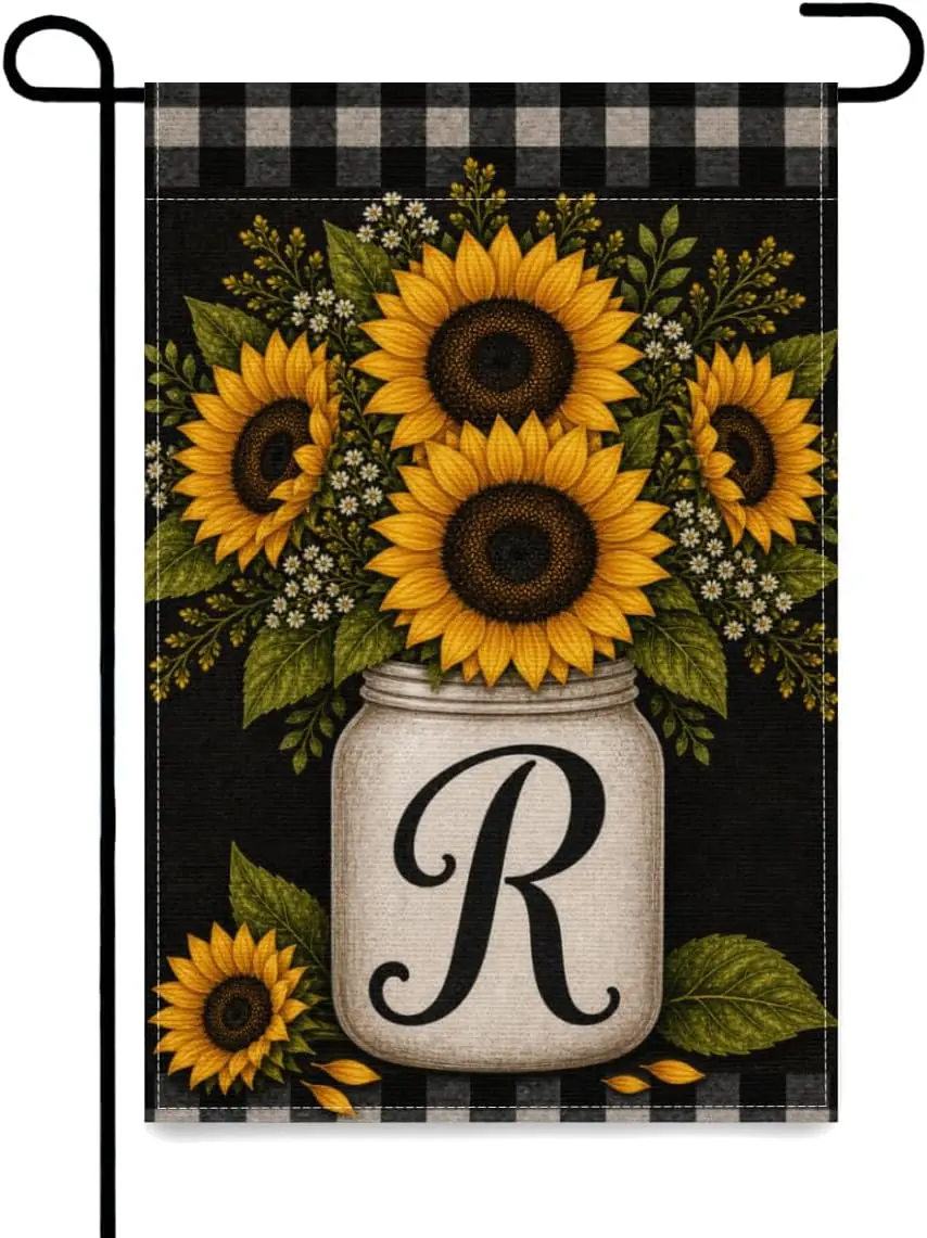 Sunflower Monogram Initial Letter R Last Name 12x18 Inch Garden Flag Linen Mason Jar Flowers Buffalo Check Farmhouse Decor uui