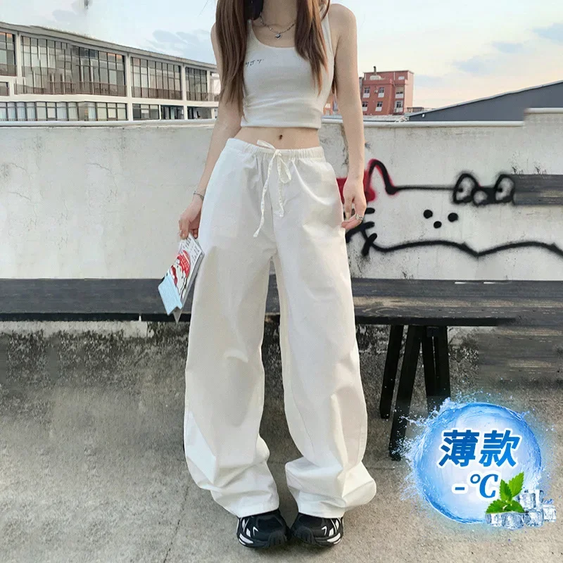 Jeans retrô de cintura baixa com pernas largas, mulheres primavera e verão nova cor sólida estilo fino cordão solto jeans de perna reta