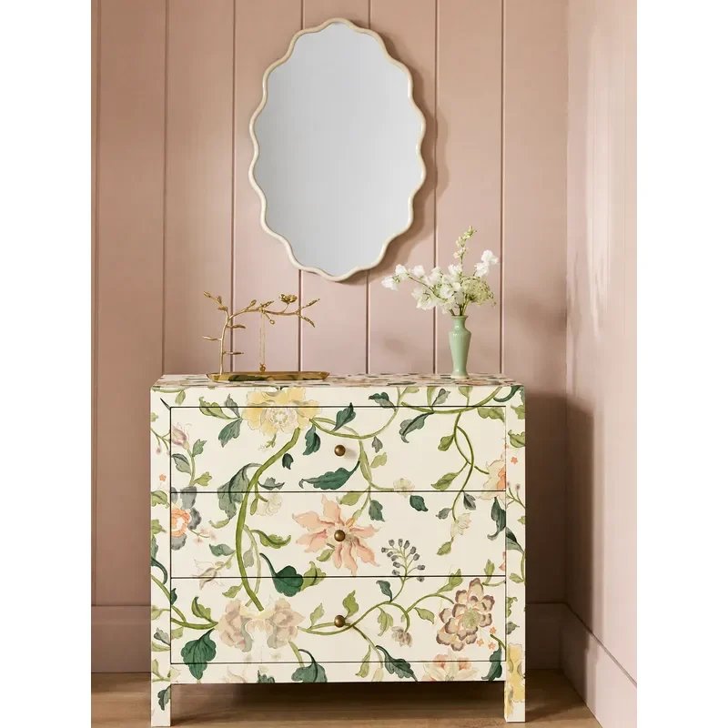 Retro Hand Painted Plants Flowers White Cream Three Bucket Cabinet Simple Furniture Customization