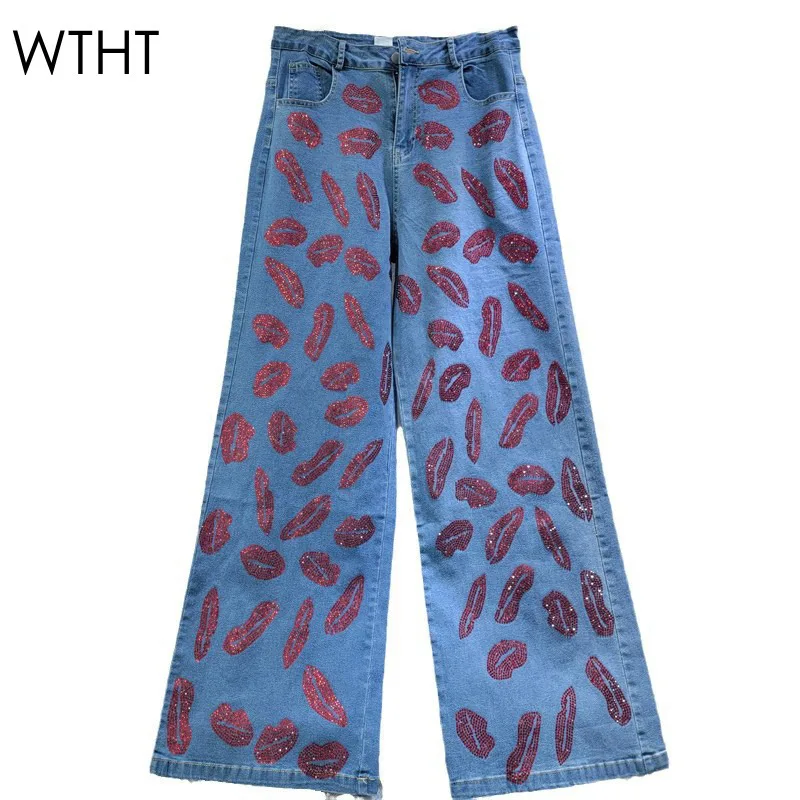 

WTHT Trendy New Women's Spliced Diamonds Pattern Design Straight Jeans 2024 Winter Fashion High Waist Denim Pants Female 1LS598