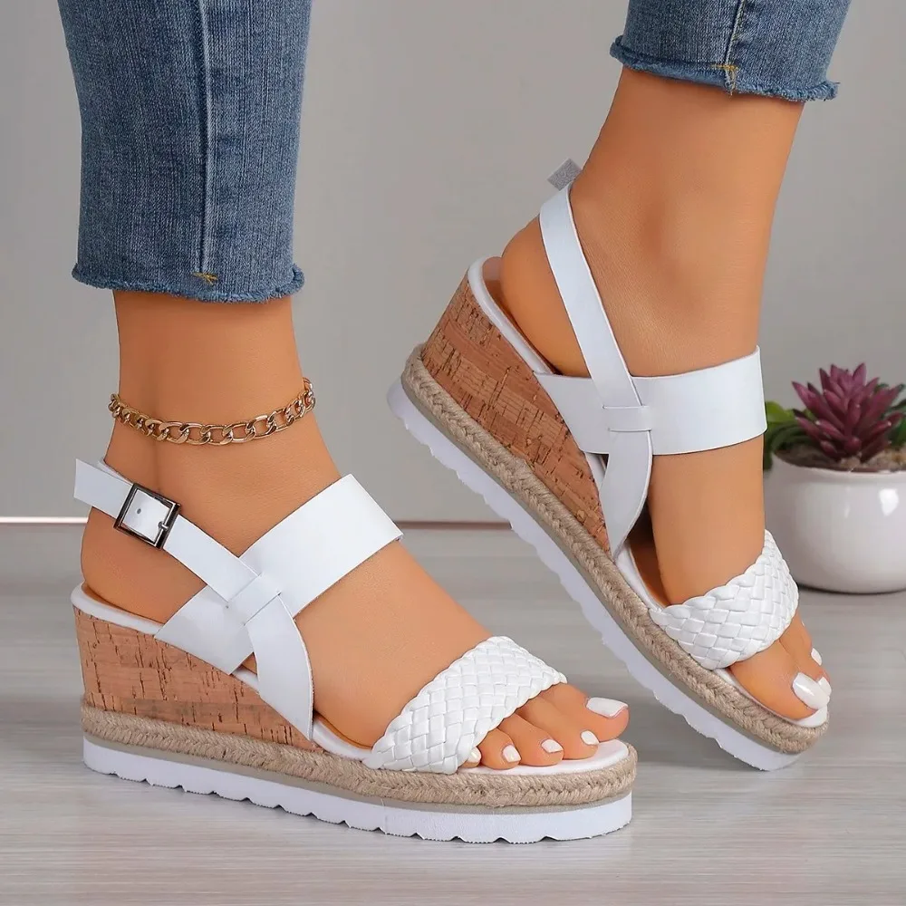 Sandalias de cuña para mujer, zapatos de tacón alto estilo bohemio, Punta abierta, diamantes de imitación, correa elástica, para exteriores, 2024