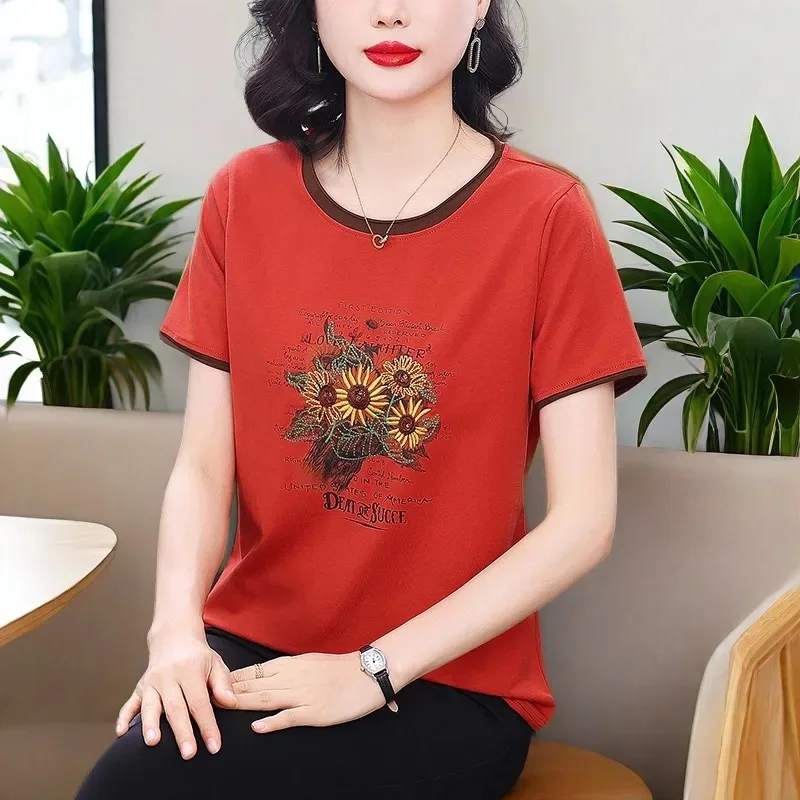Women Sunflower Embroidery Print T Shirt Summer Contrast Collar Short Sleeve Loose Mom Casual Tops