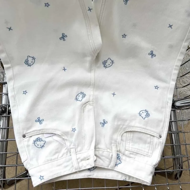 아메리칸 빈티지 헬로 키티 자수 청바지 Y2K 여성 화이트 와이드 레그 팬츠 소녀 하이 웨이스트 슬림 루즈 스트레이트 바지