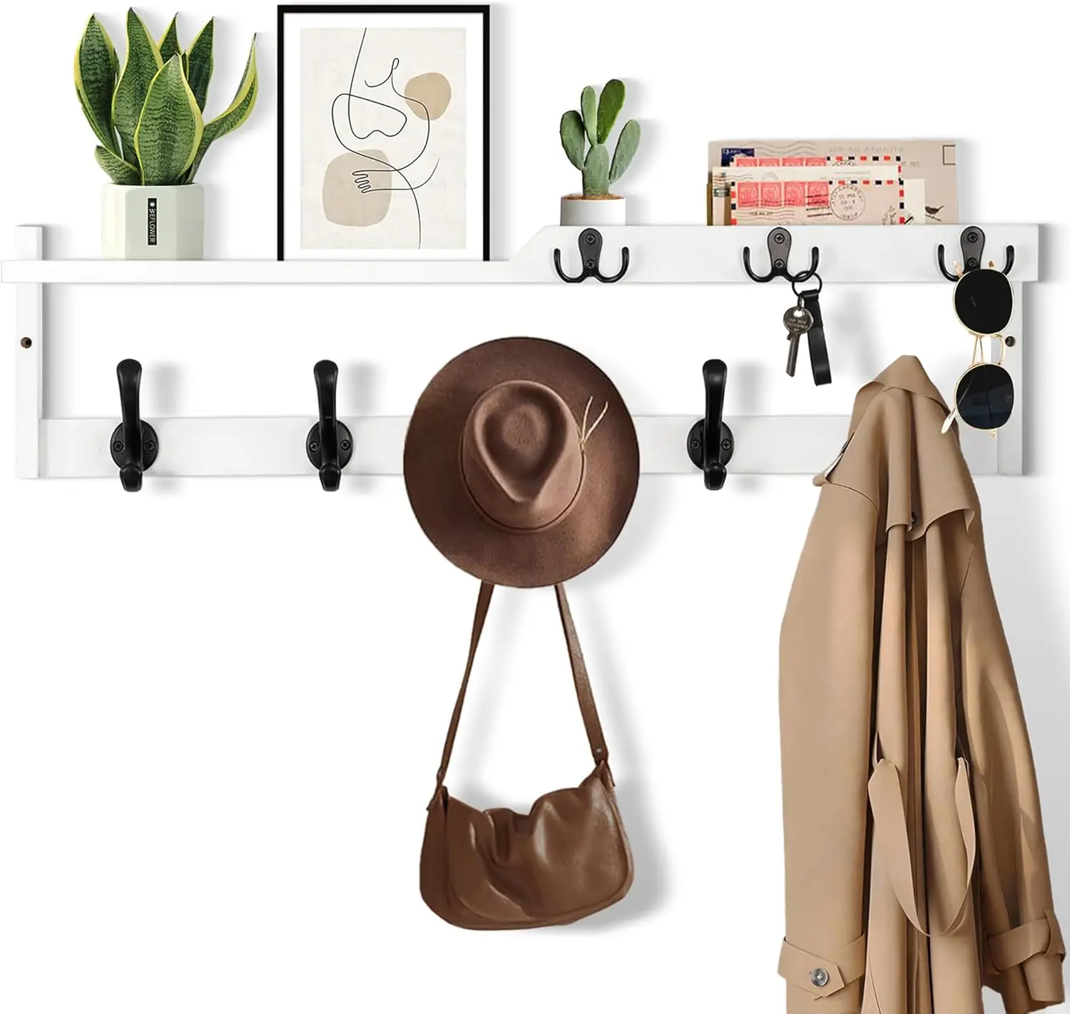 

Настенная вешалка для одежды 29 дюймов с полкой, настенный держатель для пальто с крючками для ключей и держателем для почты, деревянная плавающая полка для прихожей