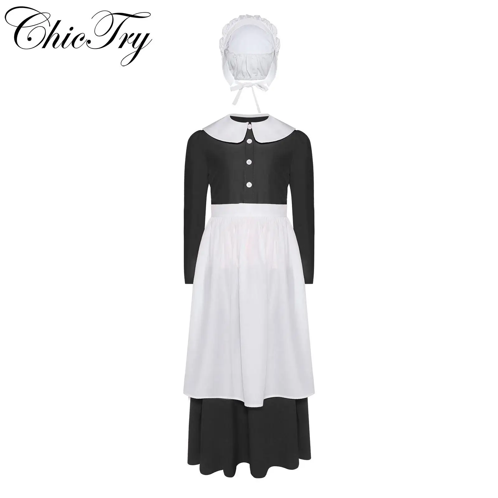 

Kids Girls Pilgrim Maid Cosplay Costume Cosplay Party Sets Blouse Bonnet A-line Skirt and Apron Hat for Halloween Masquerade