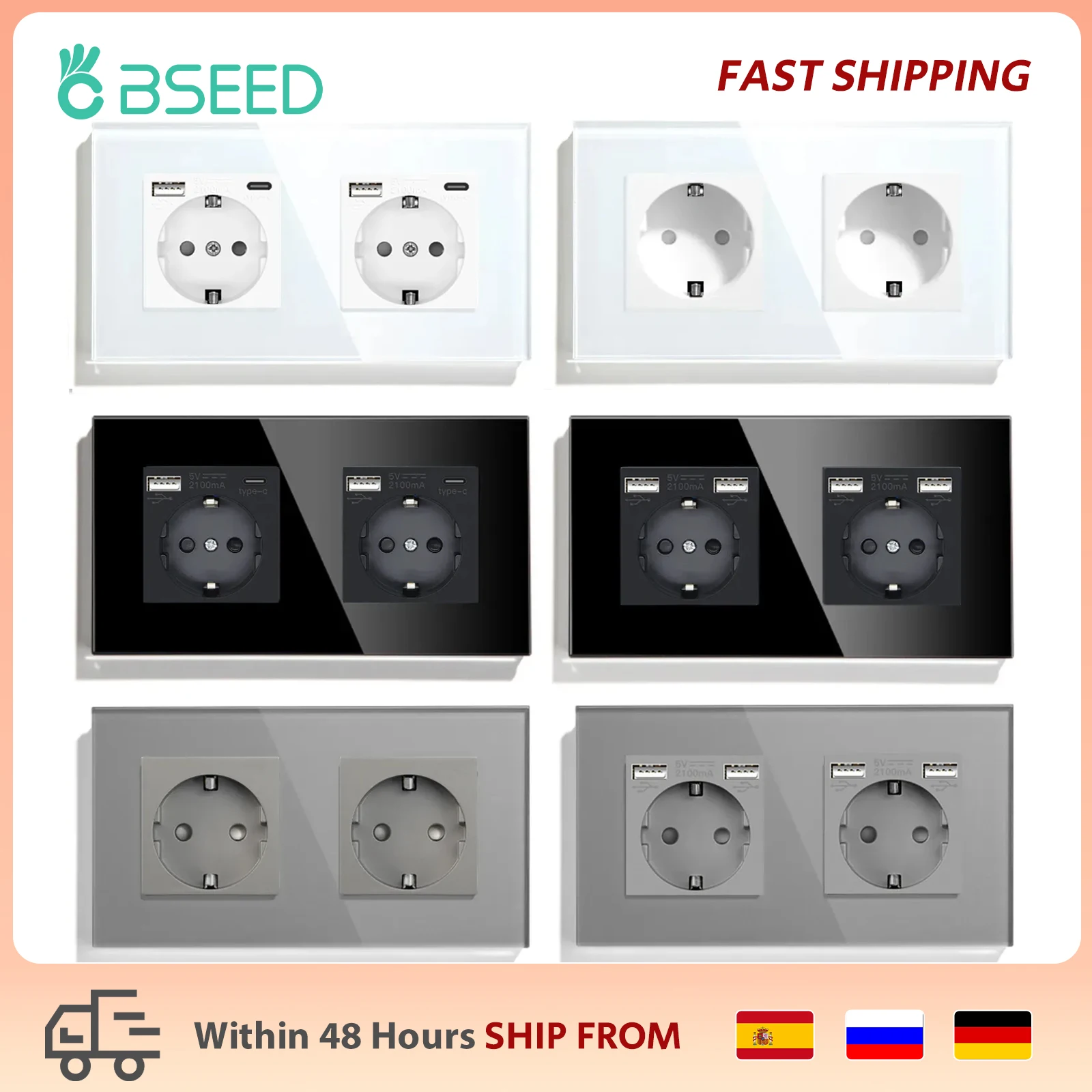 BSEED Double Socket EU Socket EU Standard Wall Socket 3 Colors White Black Gloden Crystal Glass Panel 16A 110V-240V