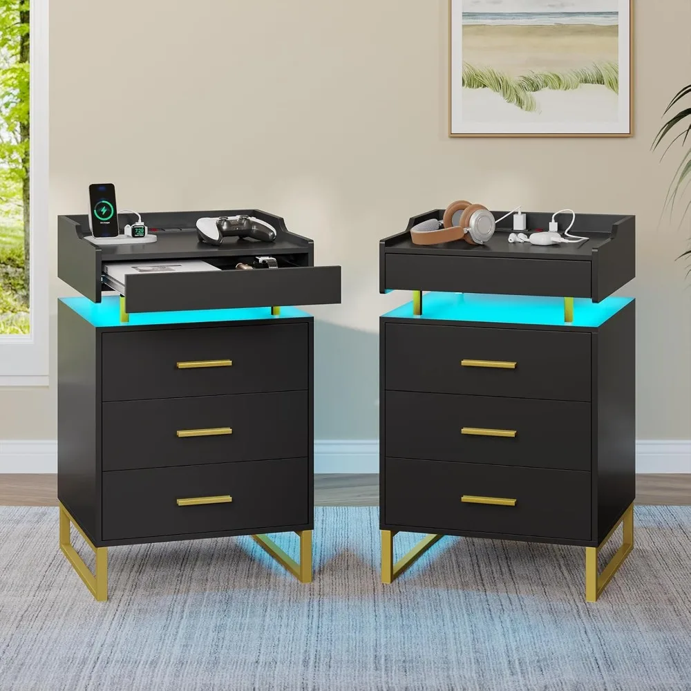 Nightstand End Table with Charging Station LED Night Stand with Pull-Out Tray Bedside Table with Drawers