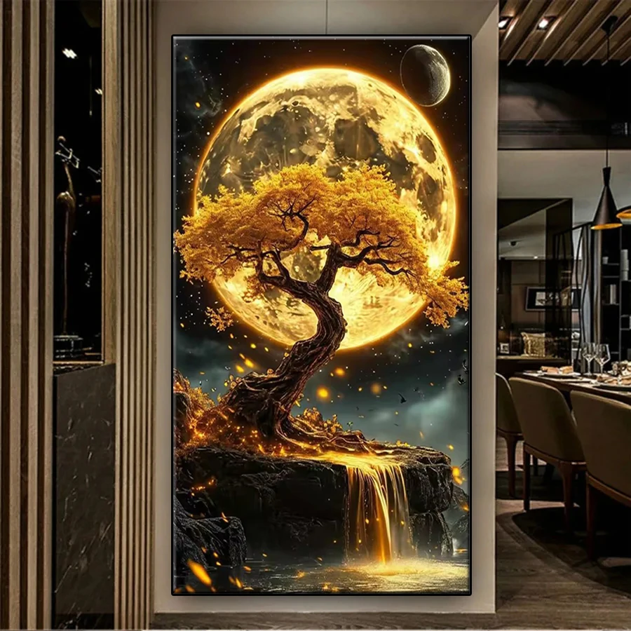 Diamond Mosaic Picture Kit New Golden Moon Tree Waterfall Scenery Diamond Painting Cross Stitch Adult Decoration Wall Art