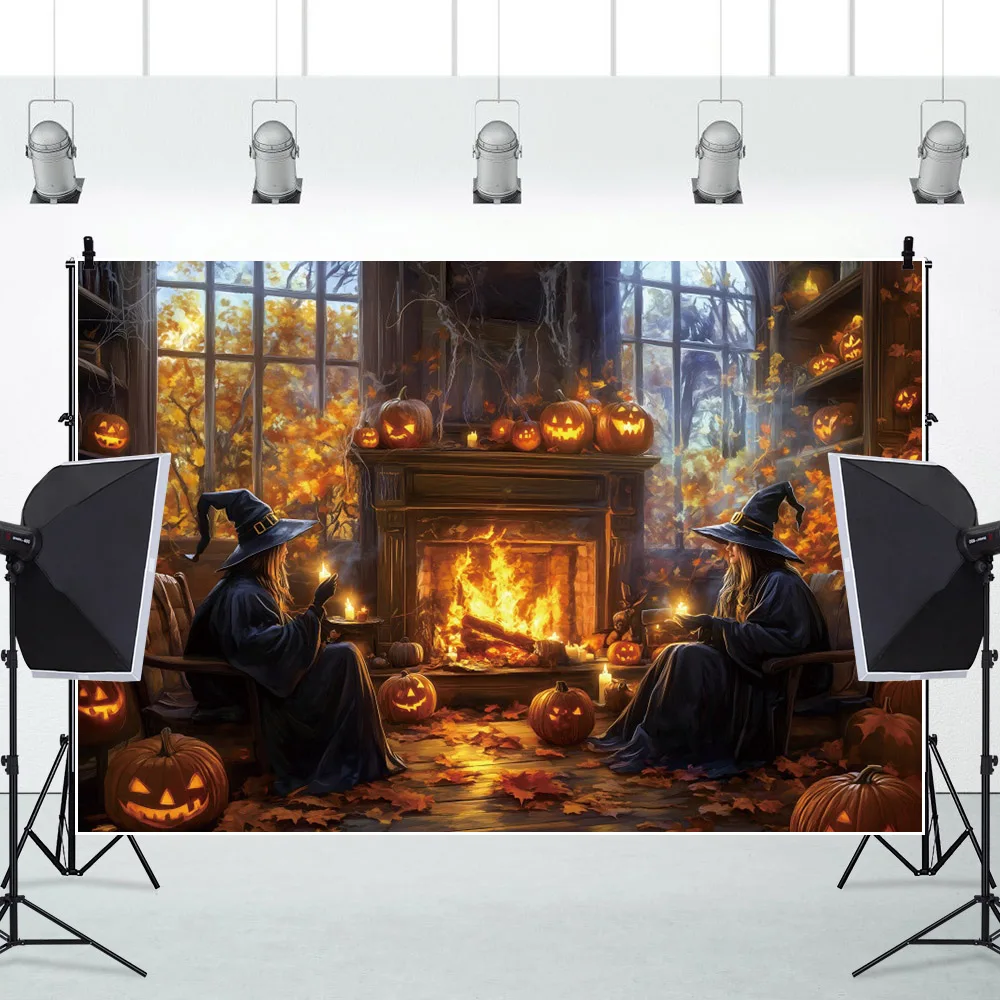 ハロウィーンの魔女の背景、古い教会の暖炉、カボチャのランタン、子供の家族の肖像画の写真、背景の装飾、スタジオの写真アクセサリー