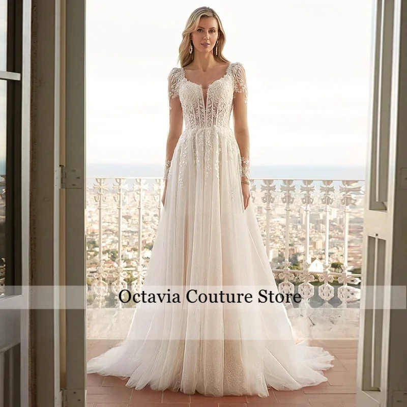 Customized Long Sleeves V Neck Wedding Dress Sparkling Beading Applique See Through A Line Glitter Bridal Gown Sweep Train