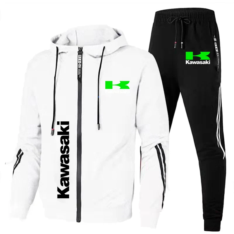 Men's Kawasaki Logo Printed Tracksuit Motorcycle Jacket Outdoor Sports Hooded Sweatshirt+Pants 2Piece Racing Biker Sportswear