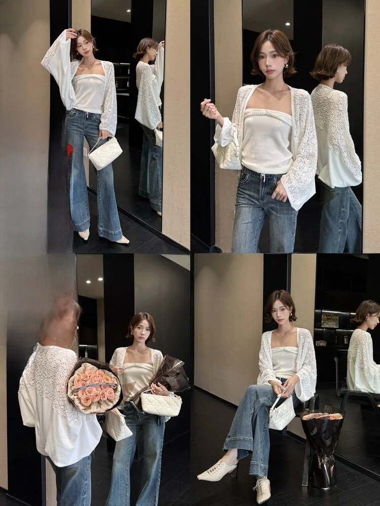 

Белый кружевной открытый кардиган Batwing Sve с крючками для защиты от солнца Тонкая качественная верхняя одежда с цветочным узором Повседневная свободная посадка