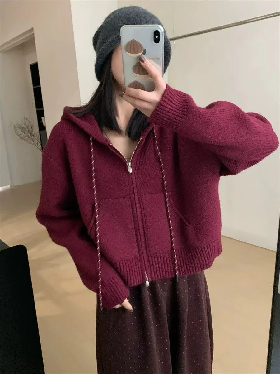 

Свитер на шнурке, кардиган, короткое осеннее кашемировое новое вязаное пальто с капюшоном, свободное ленивое.