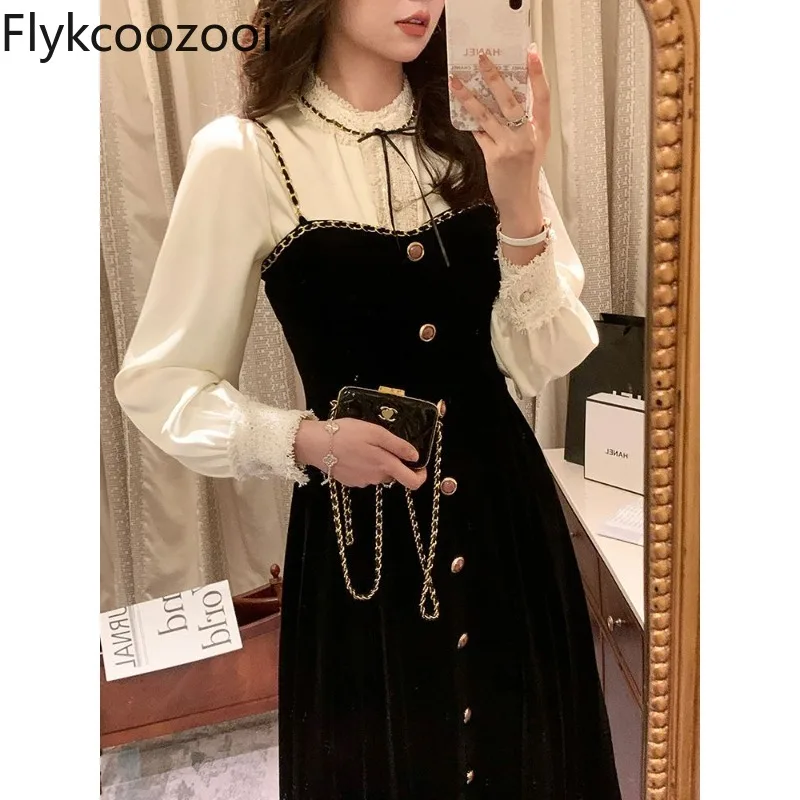 

Celebrity Luxury Elegant Sequined O-neck White Shirt Women Tight Waisted A-line Camisole Velvet Dress Autumn Premium Vintage Set