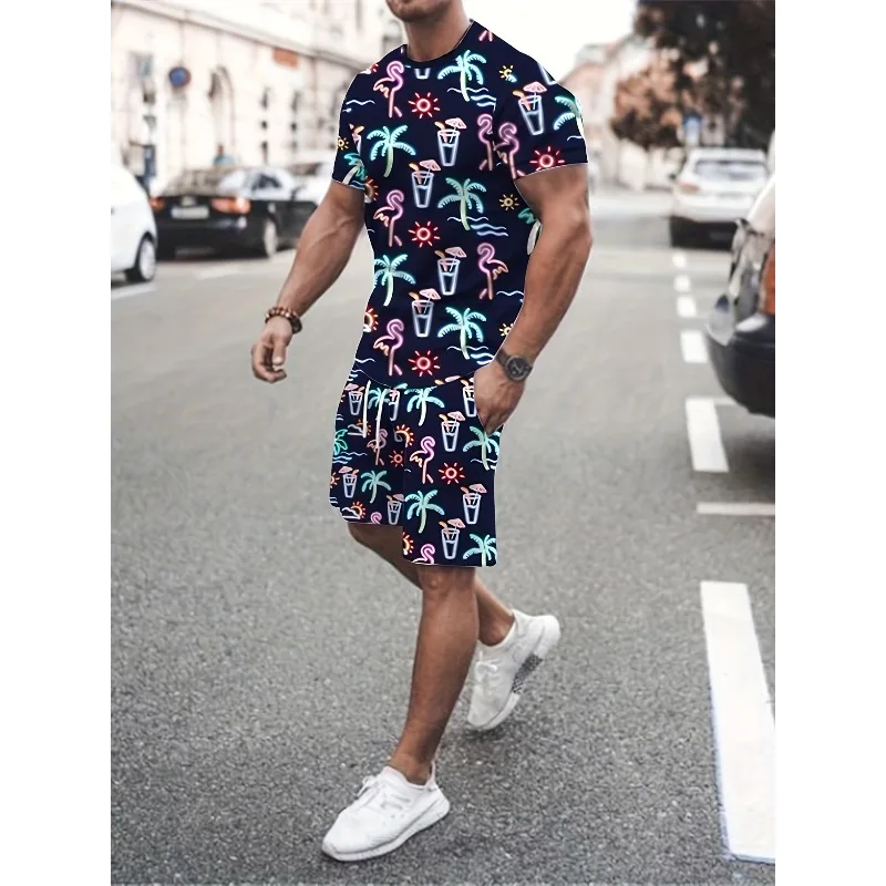 2025 Summer Fashion Men's Round Neck Short Sleeved T-shirt and Shorts 2-piece Set 3D Printed Sports Polyester Fiber Set