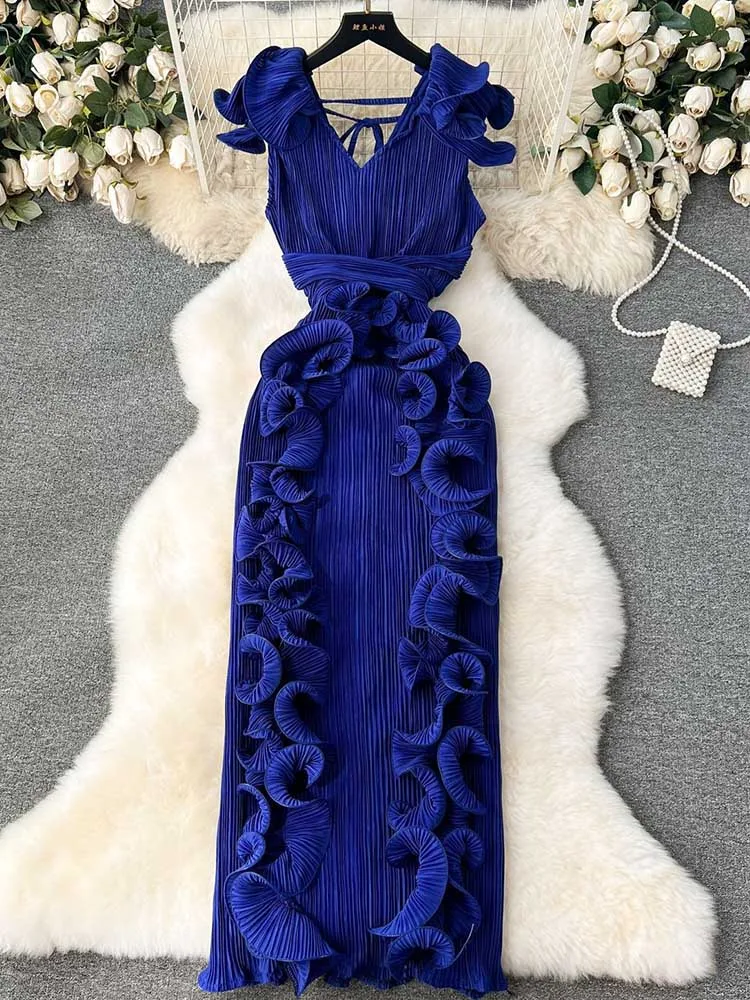 Feminino elegante chique emagrecimento vestido no verão cor sólida decote em v plissado vestido em camadas senhoras bonito aniversário plissado vestido de noite