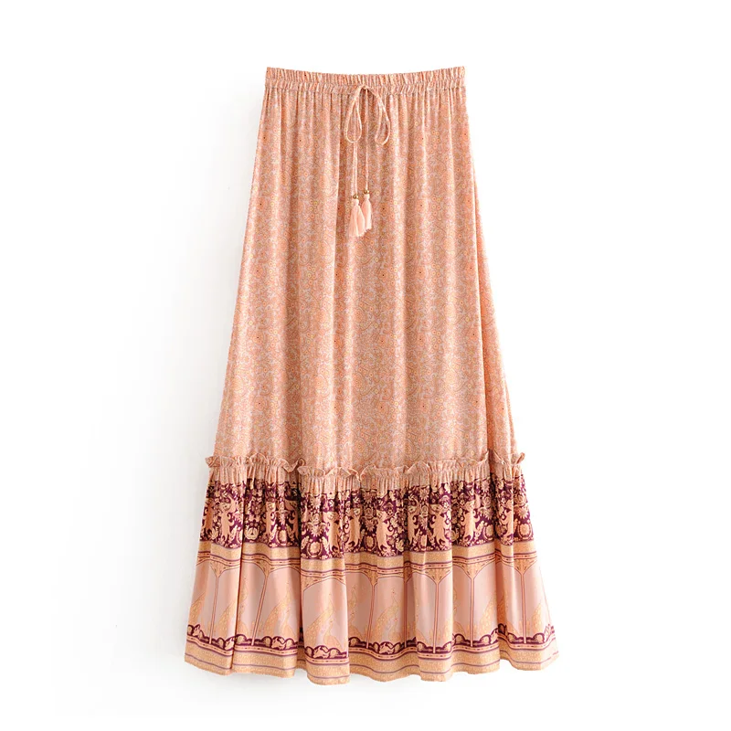 BOHO Women Bow Tassel Elastic Waist Wood Ears Ruffles Lace Swing Skirts Beach Holiday Orange Feather Floral Print Long Skirt