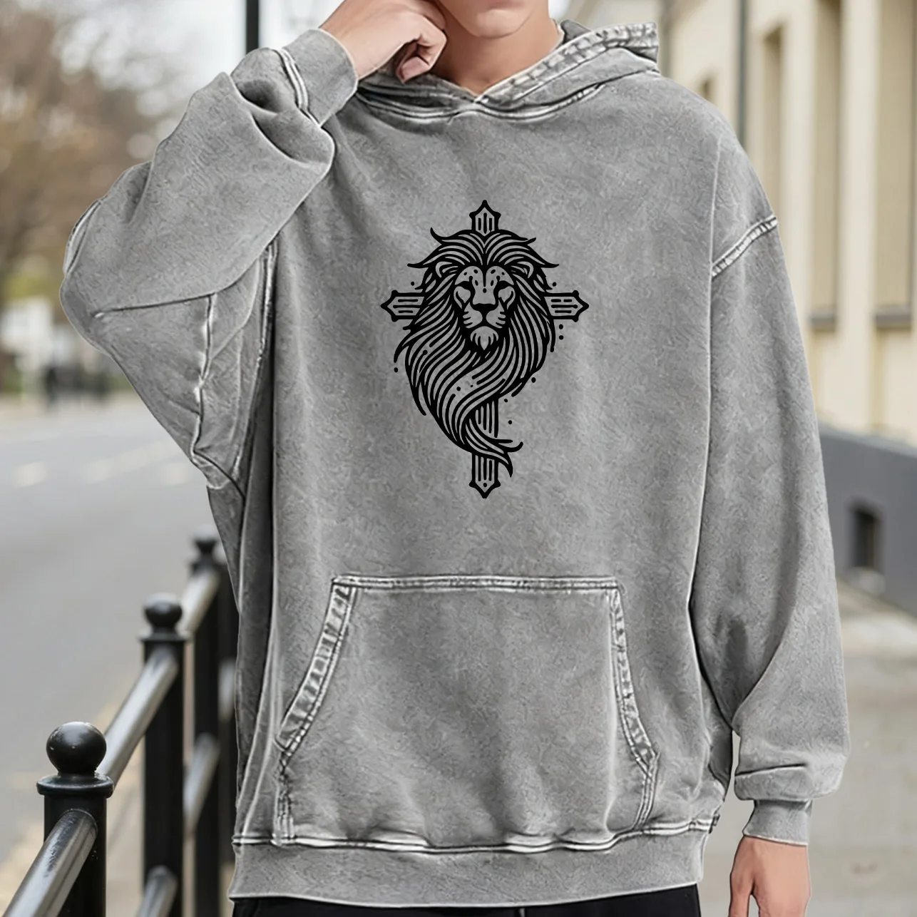

Мужская винтажная потертая толстовка с рисунком Lion Cross, потертый пуловер в стиле ретро, уличная повседневная толстовка