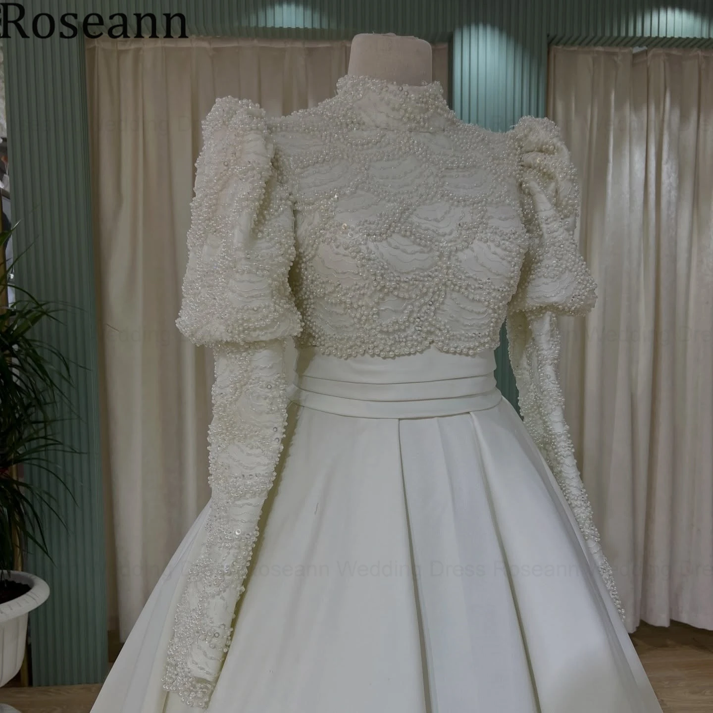 Roseann Wedding Dress Modest Muslim High Neck Puff Long Sleeve Satin vestido de novia Beaded Sweep Train Bridal Gown Customized
