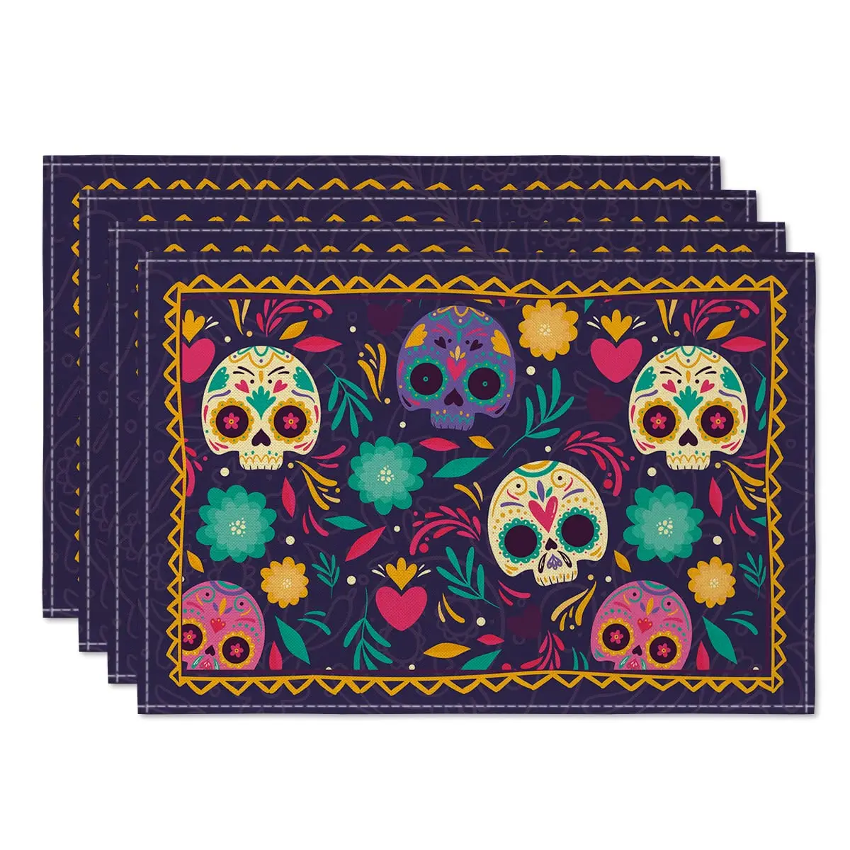 

Watercolor Marigolds Skull Day of The Dead Placemats Set of 4,12x18 Inch,Seasonal Table Mats for Party,Kitchen,Dining Decoration