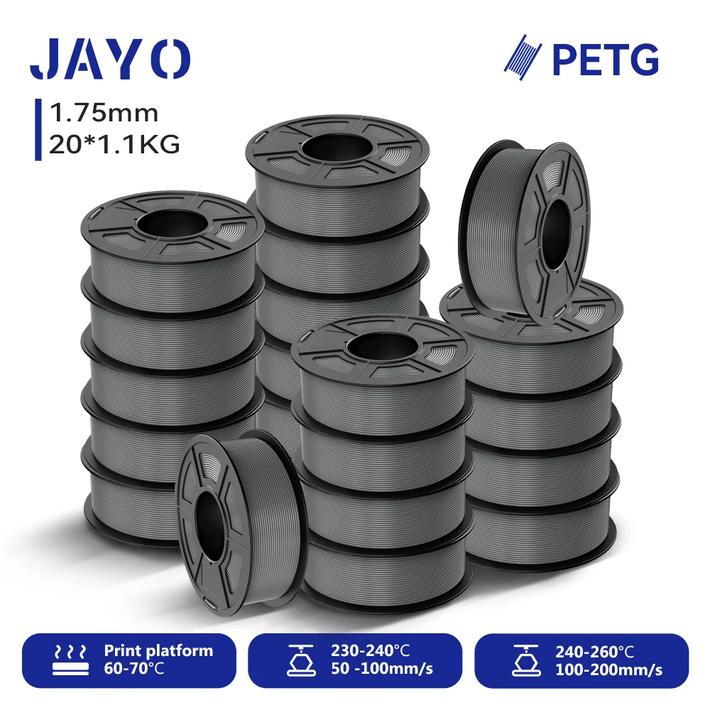 JAYO 20 Rollen PETG 3D-Drucker-Filament 1,75 ±0,02 mm 1,1 kg/Rolle BK+WT+GY Hochfestes, ordentlich gewickeltes Filament, passend für die meisten FDM-Drucker